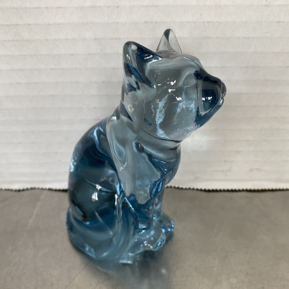Fenton Art Glass Sitting Cat Figurine Light Blue Glass Paper Label Signed USA 4"